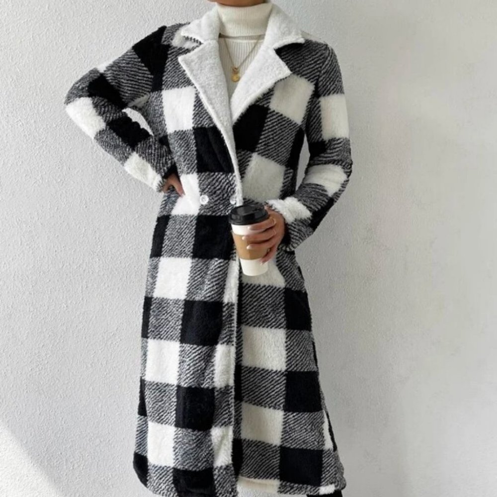 Buffalo Plaid Open Front Flannel Longline Coat Jacket Black white - Picture 3 of 6